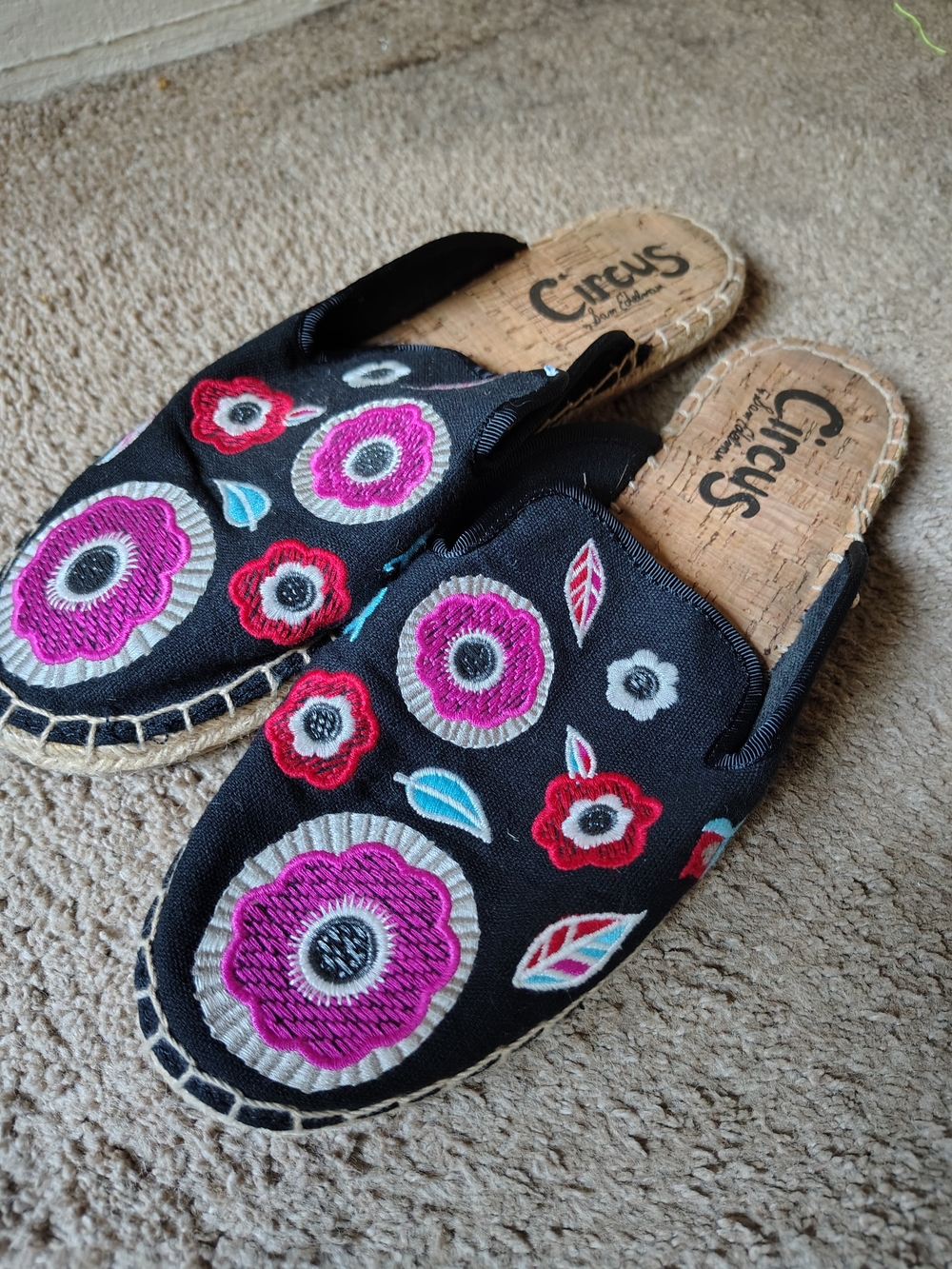 Circus by Sam Edelman Black Espadrille Mules with Pink & Red Floral Embroidery